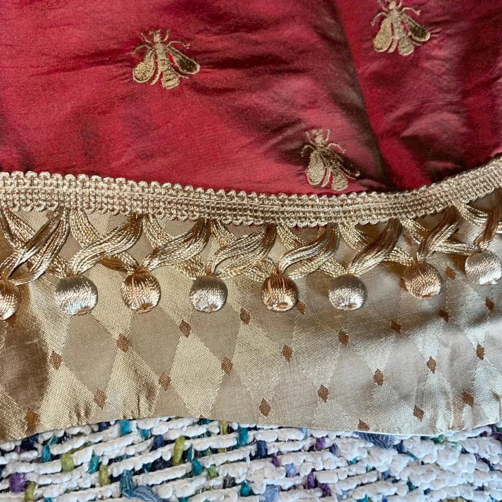 Bumblebee Glory Valance silk window treatment embroidered gold bumblebees red